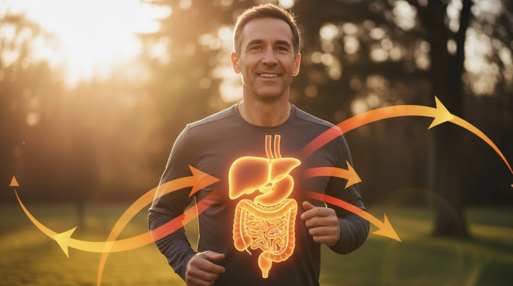 Uomo che corre al tramonto con illustrazione luminosa degli organi interni e flussi energetici, simbolo dell’azione del glucagone su fegato, muscoli e metabolismo durante l’esercizio
