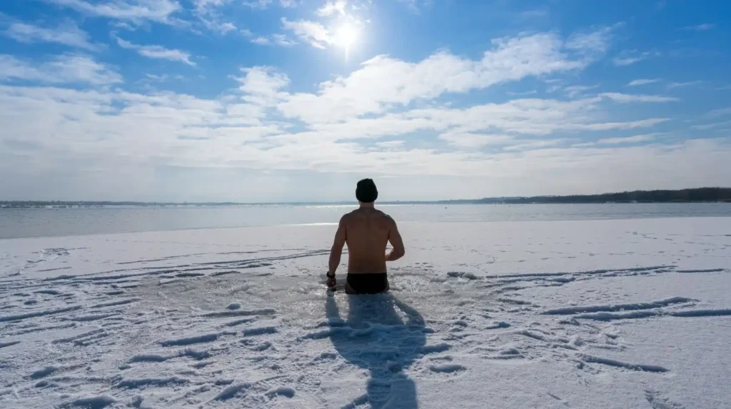 Uomo immerso nell’acqua ghiacciata, intento a praticare cold exposure, adattamento fisiologico al freddo