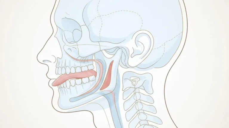 Illustrazione scientifica laterale del volto umano che mostra la postura della lingua sul palato e le vie respiratorie, concetto di mewing e studio anatomico.
