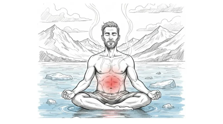 Ritratto simbolico di Wim Hof immerso nel ghiaccio mentre respira profondamente, con atmosfera intensa