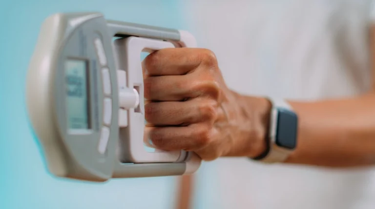 Mano che misura la forza di presa con un dinamometro digitale per valutare forza e controllo della presa