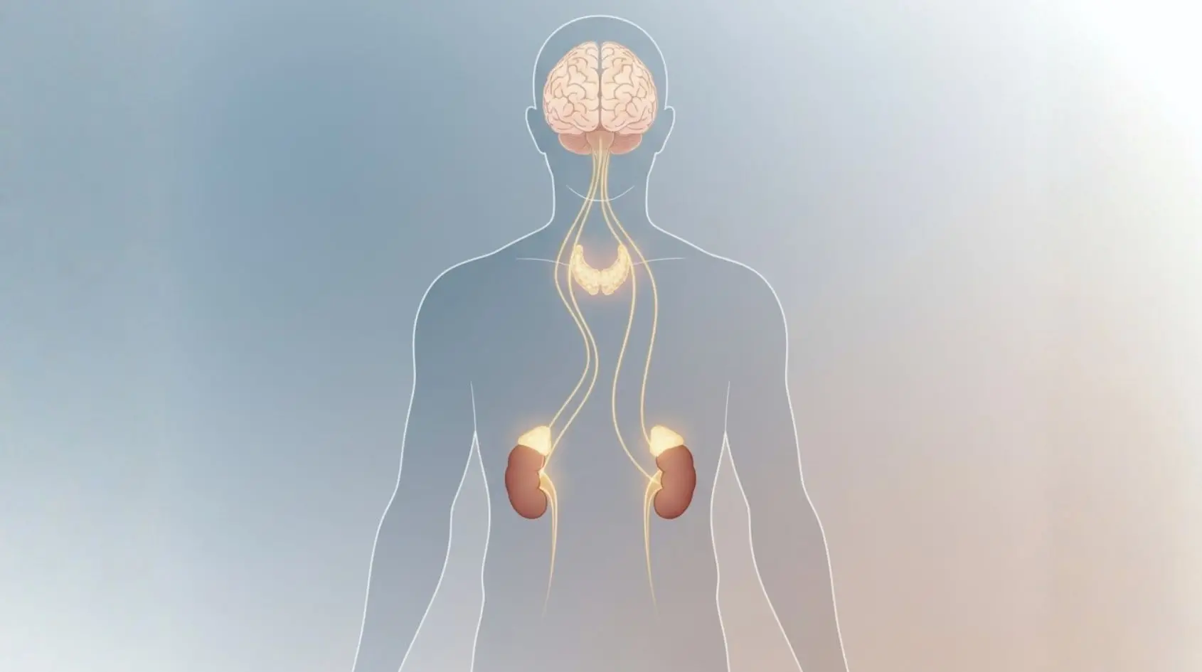 Illustrazione che mostra il collegamento tra cervello, surreni e metabolismo nello stress cronico.