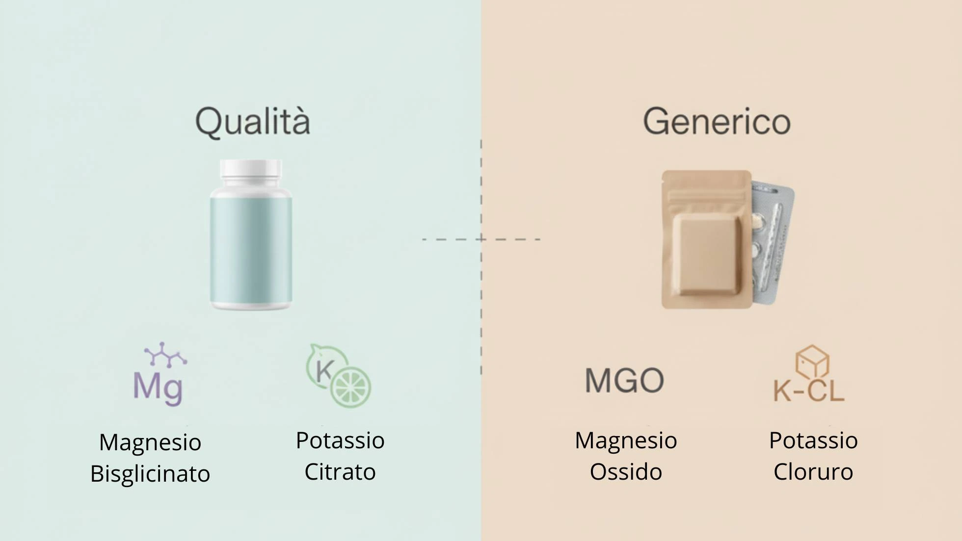 Infografica comparativa in italiano che mostra la differenza tra integratori di qualità (magnesio bisglicinato e potassio citrato) e formulazioni generiche (magnesio ossido e potassio cloruro).