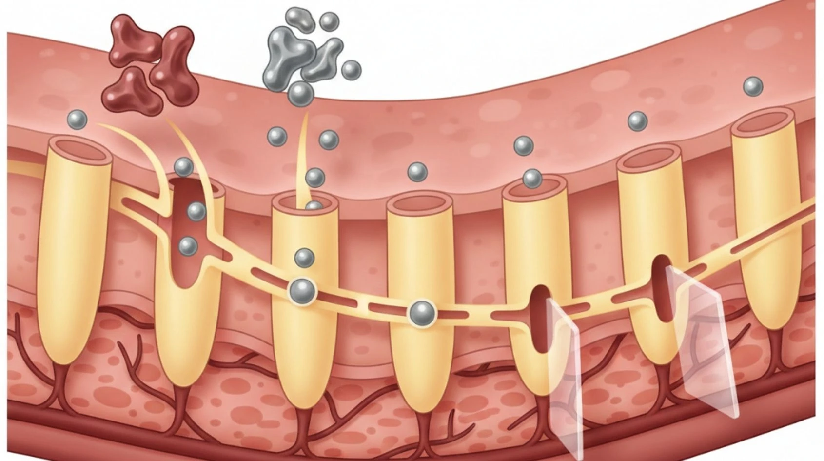 Illustrazione dell’assorbimento del ferro attraverso gli enterociti dell’intestino tenue, con passaggio delle molecole e struttura dei villi intestinali.