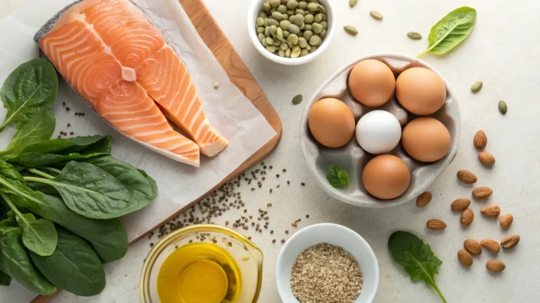 Alimenti naturali ad alta biodisponibilità: salmone, uova, semi e verdure per una nutrizione funzionale