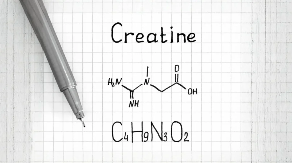 Illustrazione della struttura chimica della creatina con formula molecolare C₄H₉N₃O₂ disegnata a mano su griglia quadrettata