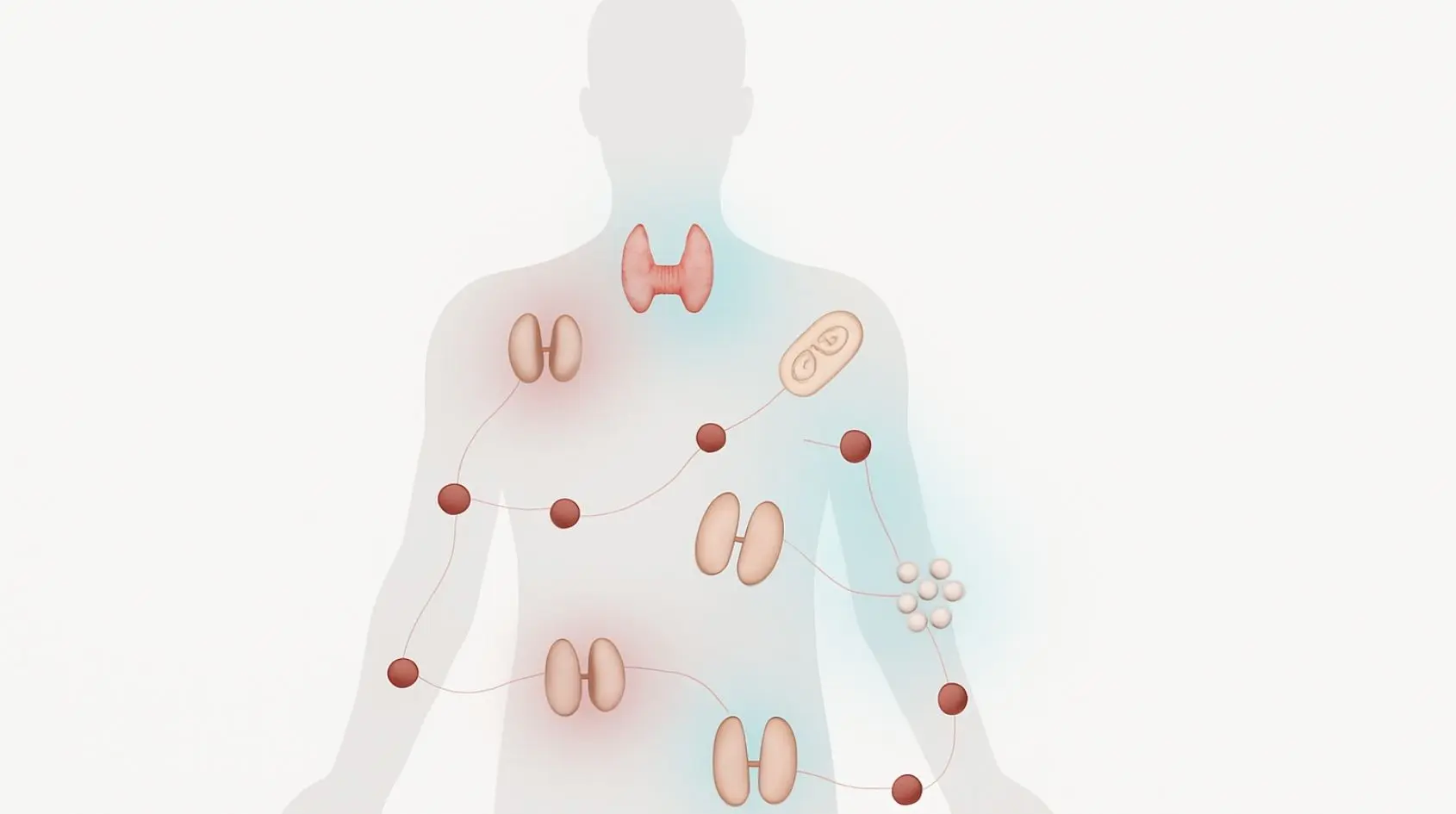 Illustrazione del corpo umano che mostra gli organi influenzati dal ferro, incluse tiroide, mitocondri, ghiandole surrenali e sistemi metabolici.
